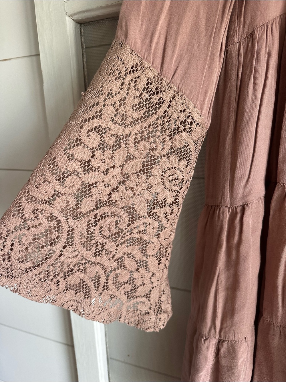 Ya Los Angeles Dusty Rose Tiered Mini Dress with Lace Sleeves - Picture 2 of 5